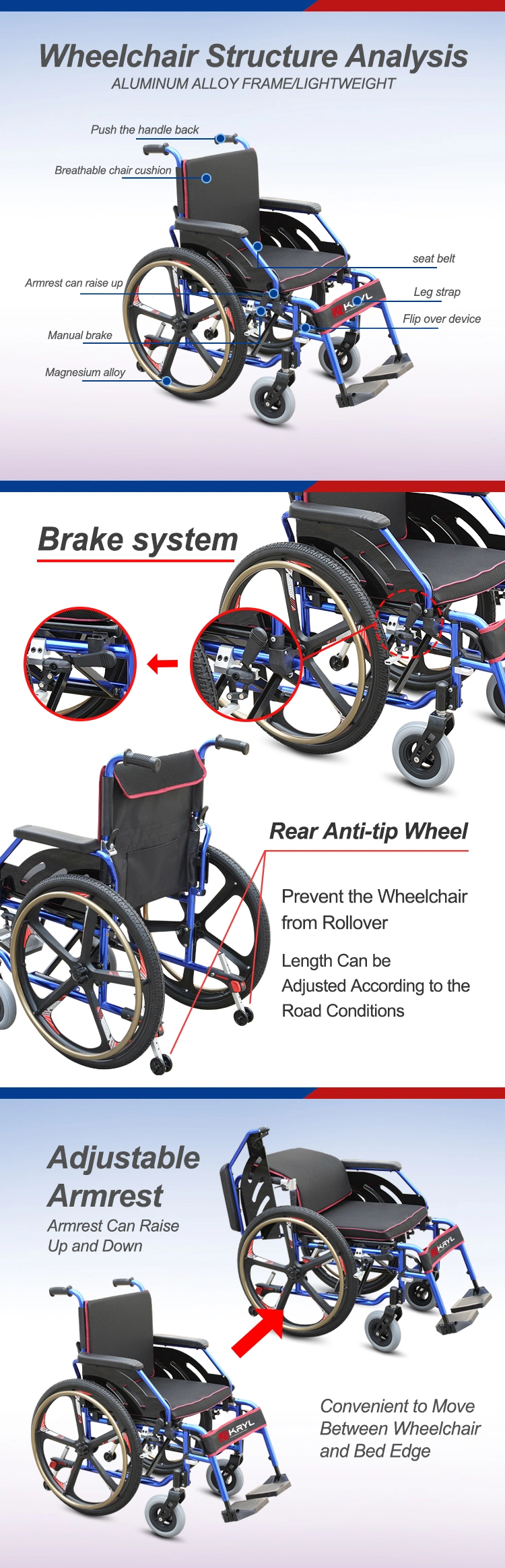 Reclining Back Mobility Power Mannual Wheelchair Rear 22/24 Inch Wheel Disability Scooter Medical Equipment