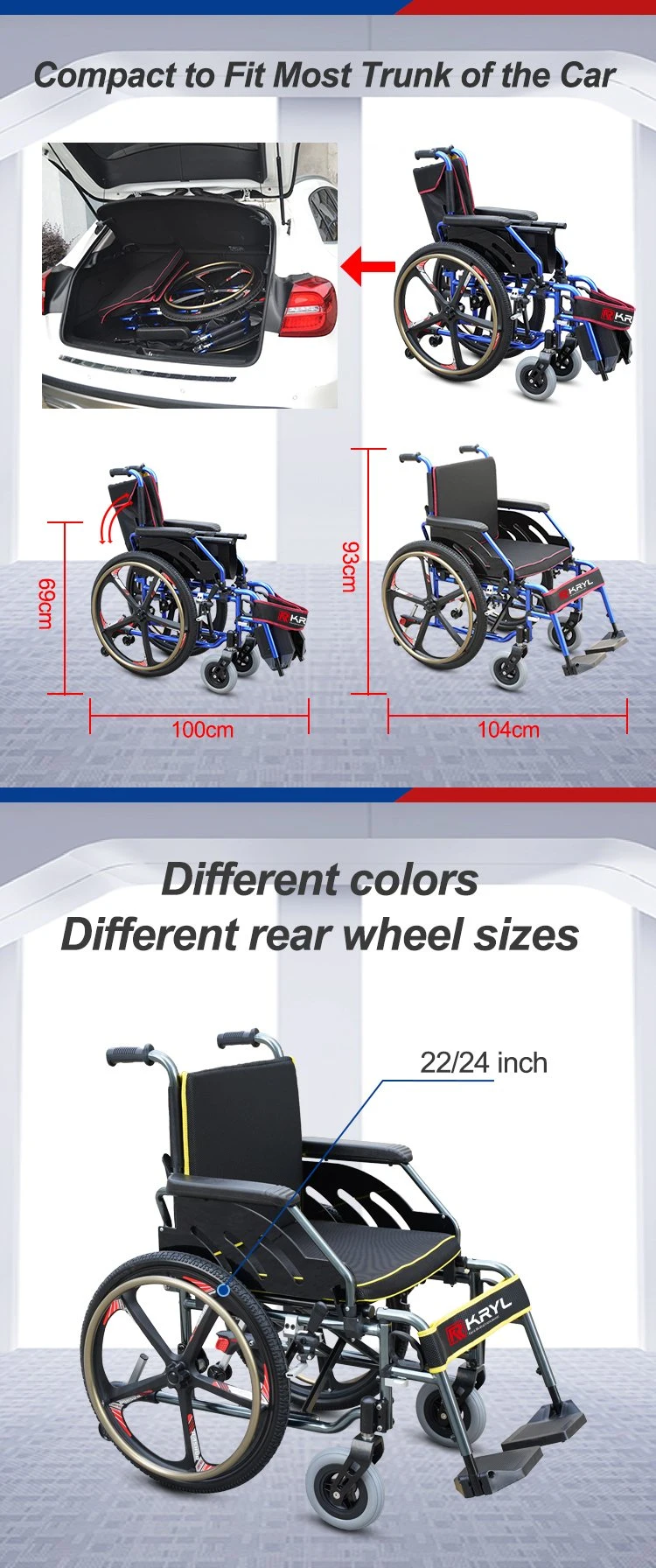 Reclining Back Mobility Power Mannual Wheelchair Rear 22/24 Inch Wheel Disability Scooter Medical Equipment